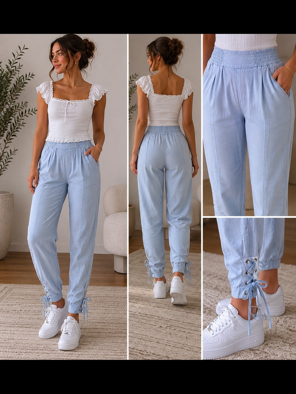 Smocked Waist Light Blue Soft Denim Pants